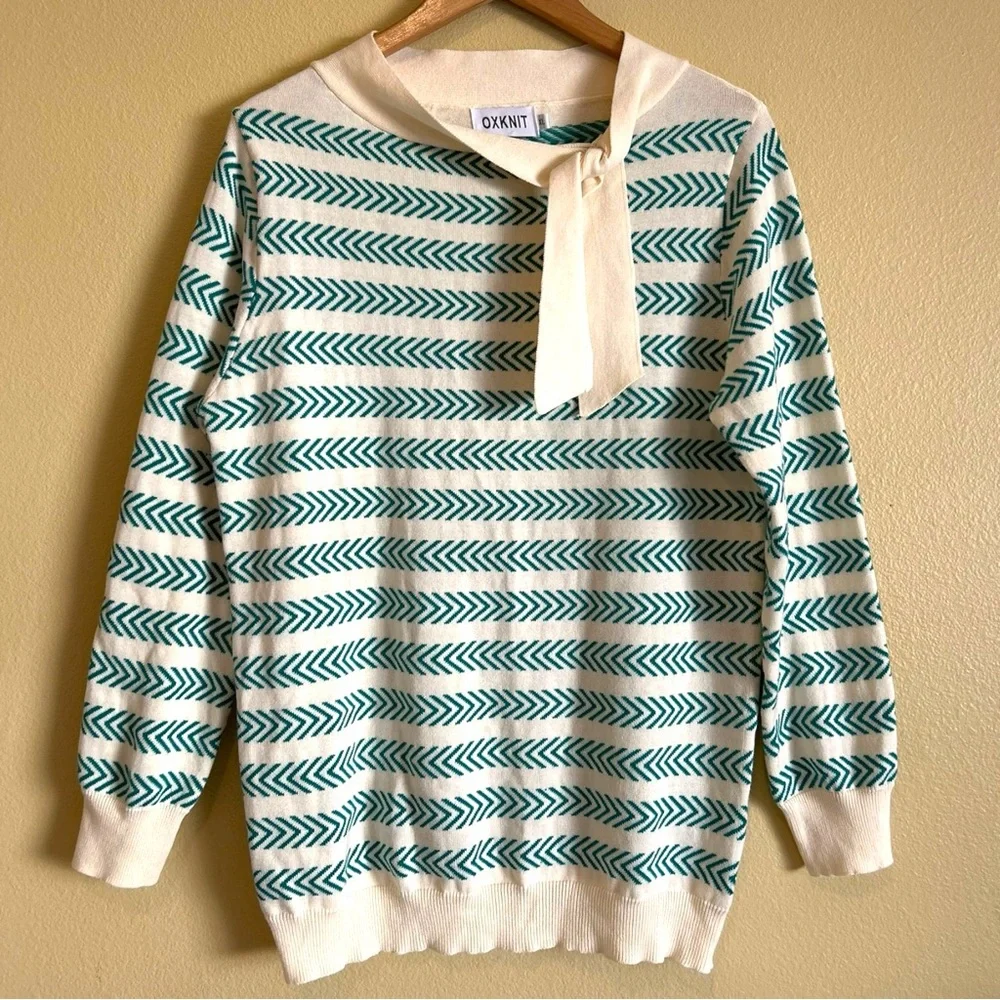 Oxknit Sweater Women’s XL 60s Retro Geo Mod Style Cotton Long Sleeve Teal Cream - Picture 2 of 16